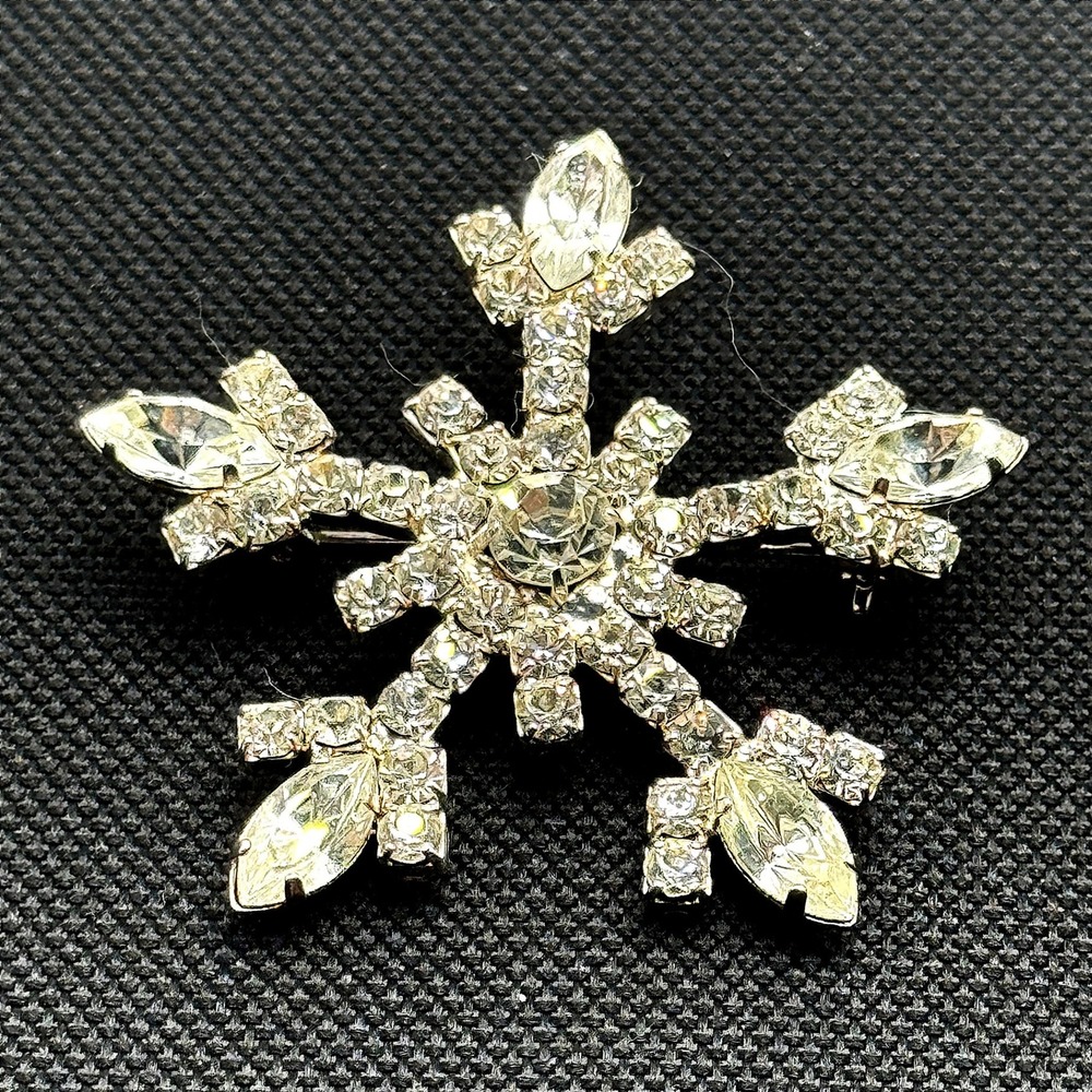 Vintage OTC Silver Tone Clear Rhinestone Snowflake Brooch Pin Winter Holiday